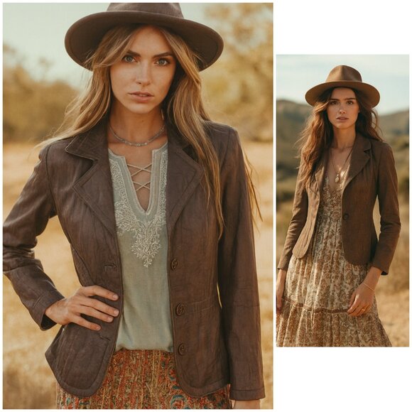 Anthropologie Tapemeasure 100% Leather Jacket Blazer Pockets Taupe Brown size 10 - Picture 3 of 16